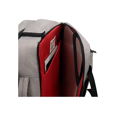 Ein grauer Rucksack, teilweise geÃ¶ffnet, zeigt ein rotes Innenfutter und eine Tablet-Tasche.