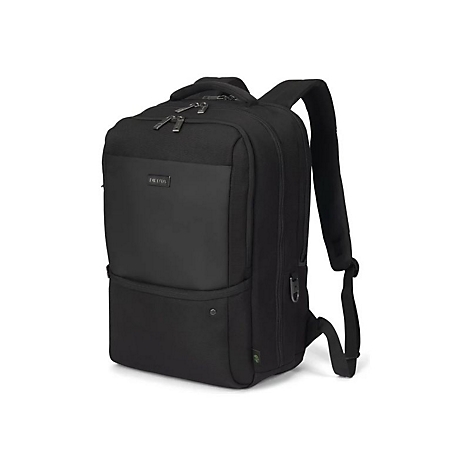 Sac à dos noir avec plusieurs compartiments et fermetures éclair, marque DICOTA, sur fond blanc.