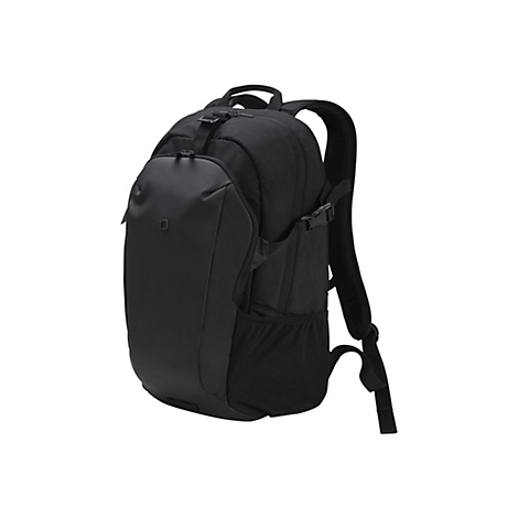 Schwarzer Rucksack vor weißem Hintergrund. Der Rucksack hat ein schlankes Design mit mehreren Fächern und Tragegurten.