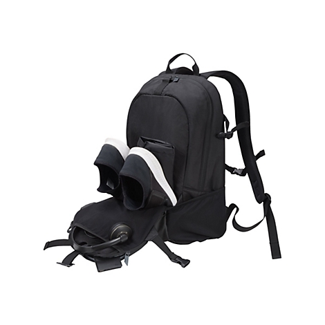 Schwarzer Rucksack mit weissen Schuhen. Der Rucksack hat mehrere FÃ¤cher und TrÃ¤ger.