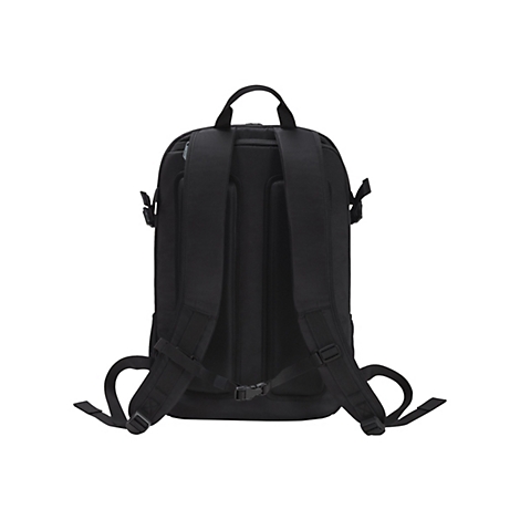 Schwarzer Rucksack von hinten, TrÃ¤ger und RÃ¼cken gepolstert, mit Trageschlaufe und verstellbaren Gurten.