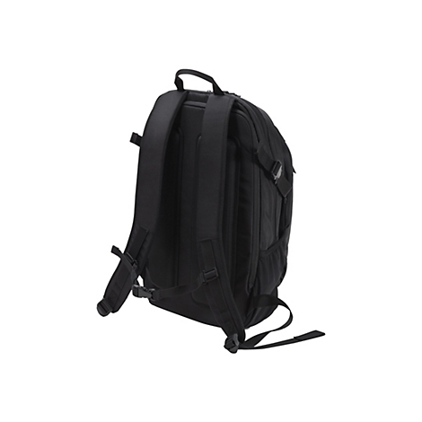 Schwarzer Rucksack, Ansicht von hinten. Gepolsterte TrÃ¤ger und RÃ¼ckenflÃ¤che, ein Tragegriff oben.