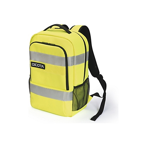 Sac à dos jaune avec bandes réfléchissantes et logo 'DICOTA'.