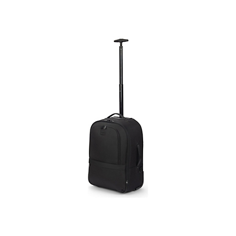 Sac à dos trolley noir avec poignée télescopique. Sur fond clair.