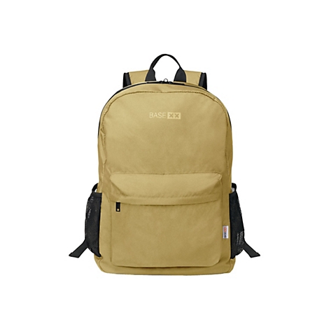 Beigefarbener Rucksack mit schwarzen Details. Er hat zwei Seitentaschen, eine Fronttasche und das Markenlogo "BASE XX".