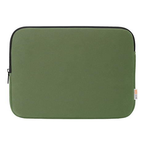 Olivgrüne Laptoptasche, schwarzer Reißverschluss und Rahmen, Logo rechts unten.