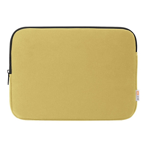 Gelbgrüne Laptoptasche mit schwarzem Reißverschluss und Rahmen. Auf der Seite steht 'BASE XX'.