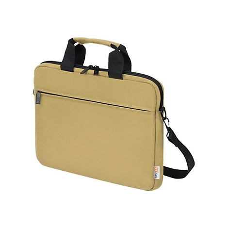 Beige Laptoptasche mit schwarzen Henkeln, Reißverschluss und Schultergurt.