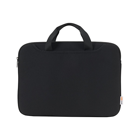 Schwarze Laptoptasche mit Tragegriff. Reißverschluss an der Seite, Logo am unteren Rand.