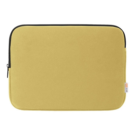 Housse d'ordinateur portable vert-jaune avec fermeture éclair et bordure noirs.
