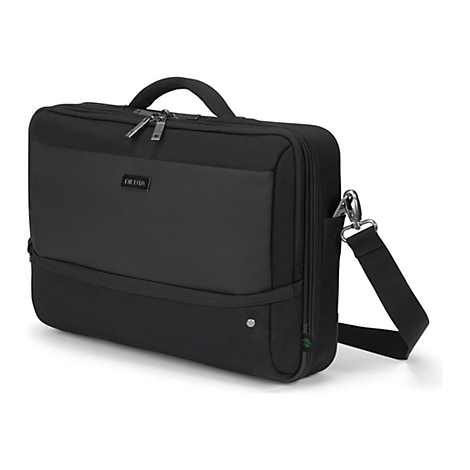 Sacoche pour ordinateur portable noire avec bandoulière, marque Dicota. Poignée et fermeture éclair argentées.