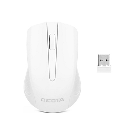 Weisse Computermaus mit USB-Empfänger, Marke DICOTA. Auf hellem Hintergrund.