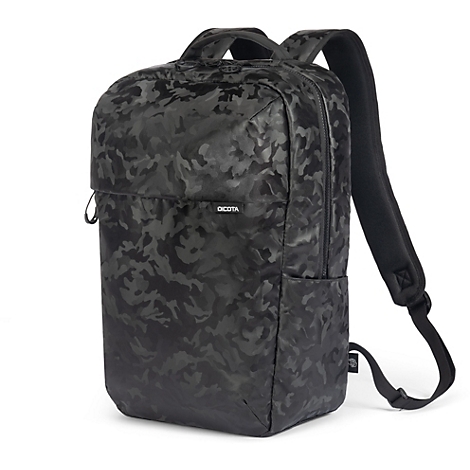 Schwarzer Rucksack mit Tarnmuster und Tragegriff. Die Marke DICOTA ist auf der Front zu sehen.