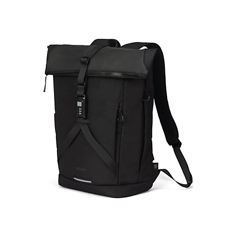 Schwarzer Rucksack mit Sicherheitsverschluss. Dickota Logo.