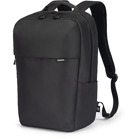 Schwarzer Rucksack mit Reißverschluss, kleinem Fach und Tragegurten. Das Markenlogo ist sichtbar.