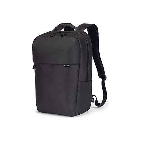 Schwarzer Rucksack mit DICOTA Logo. Der Rucksack hat zwei Tragegurte, eine kleine Fronttasche und einen Tragegriff.