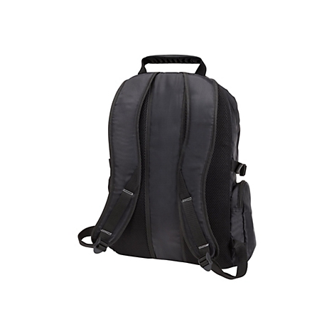 Vue arrière d'un sac à dos noir avec panneau dorsal rembourré et bretelles réglables.