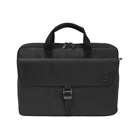 Mallette noire rectangulaire avec poignée, fermeture éclair et boucle.