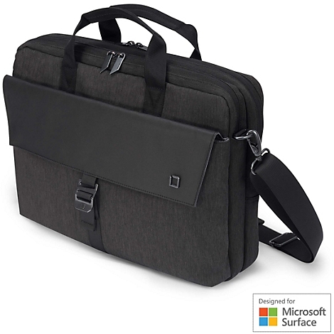 Sacoche pour ordinateur portable sombre avec bandoulière, rabat et fermetures éclair argentées, portant le logo Microsoft Surface.