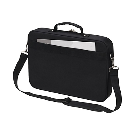 Sacoche pour ordinateur portable noire avec poignée et bandoulière. Du papier se trouve dans la poche avant.