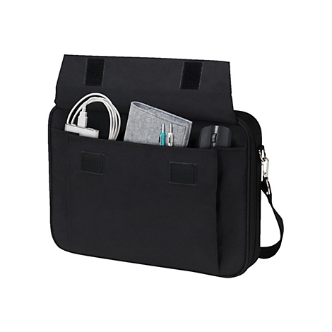 Sac d'ordinateur portable noir ouvert, rempli d'accessoires tels qu'un chargeur, une souris, des stylos et un étui gris.