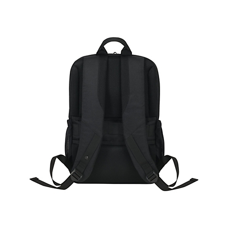Schwarzer Rucksack von hinten, mit gepolsterten Schultergurten und Tragegriff.
