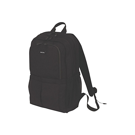 Schwarzer Rucksack vor weißem Hintergrund. Mit Reißverschlüssen, Schultergurten und dem Logo 'DICOTA'.