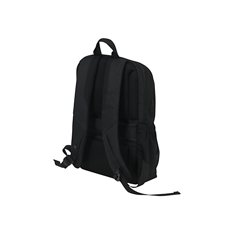 Schwarzer Rucksack von hinten, mit gepolsterten Trägern und Netzstoff. Gut sichtbar: Griff, Reißverschlüsse und Riemen.