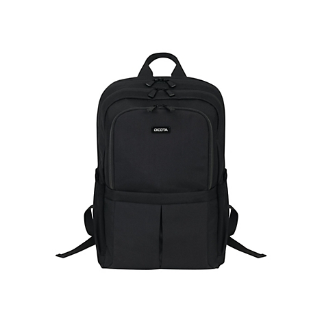 Schwarzer Rucksack mit DICOTA Logo. Auf hellem Hintergrund. Mehrere Reißverschlüsse, gepolsterte Gurte.
