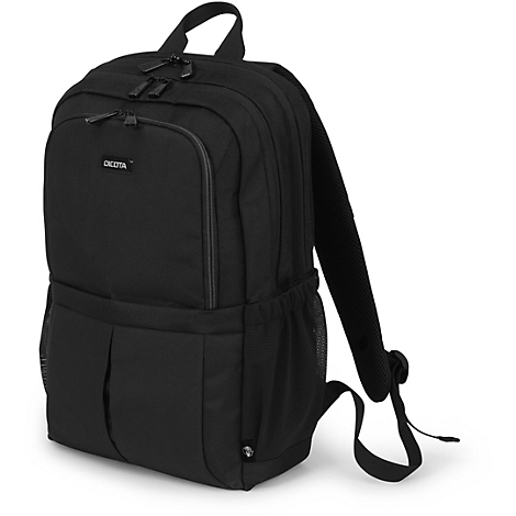 Schwarzer Rucksack mit mehreren Fächern und Reißverschlüssen, Marke DICOTA, vor weißem Hintergrund.