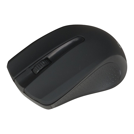 Souris d'ordinateur noire, vue de dessus. La molette de défilement, le bouton gauche et le bouton droit sont visibles.