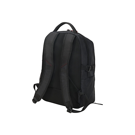 Sac à dos noir vu de dos, avec des bretelles rembourrées. Sur fond blanc.