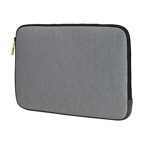 Housse d'ordinateur portable grise avec fermeture éclair noire et tirette verte.