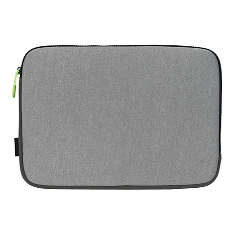 Housse d'ordinateur portable grise avec fermeture éclair verte. Bordure noire, forme rectangulaire.