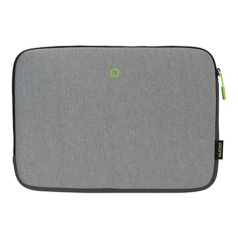 Housse d'ordinateur portable grise avec fermeture éclair noire. Logo et détail de fermeture éclair verts. Bordure noire, logo Dicota.
