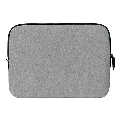 Housse d'ordinateur portable grise avec fermeture éclair noire et bord noir, isolée sur fond blanc.