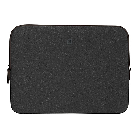 Housse d'ordinateur portable en feutre gris foncé avec fermeture éclair et accents marron.