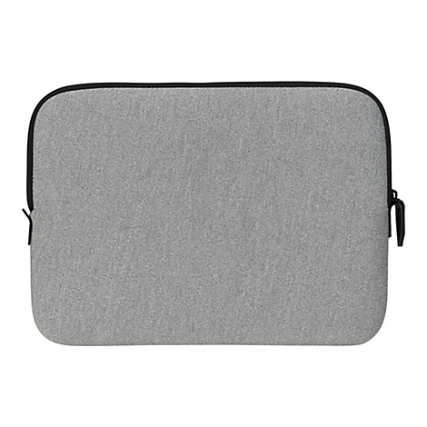 Housse d'ordinateur portable grise avec fermeture éclair noire et cadre noir sur fond blanc.