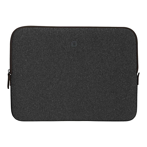 Housse d'ordinateur portable en feutre gris foncé avec détails marron et fermeture éclair.