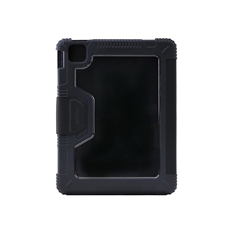 Étui de protection pour tablette noir sur fond blanc. L'étui a un design robuste et angulaire avec des bords surélevés pour la protection.