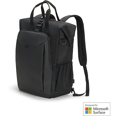Sac à dos noir avec deux poignées de transport et des bretelles rembourrées. Il y a une grande poche à l'avant. Logo : "Designed for Microsoft Surface".
