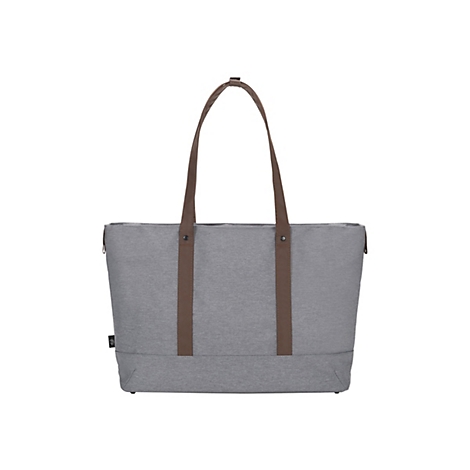 Sac fourre-tout gris avec poignées marron, sur fond blanc.