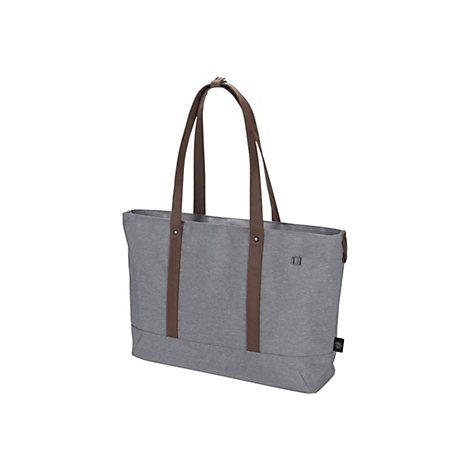 Sac fourre-tout gris avec anses marron. Le sac a une forme rectangulaire et est fait de tissu texturé.