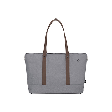 Sac fourre-tout gris avec poignées marron, sur fond blanc.