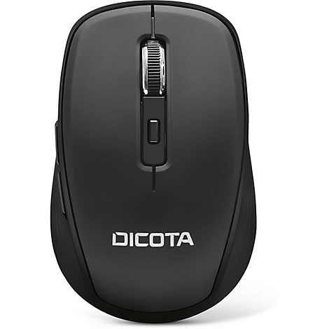 Souris d'ordinateur noire avec logo DICOTA, molette de défilement en métal.