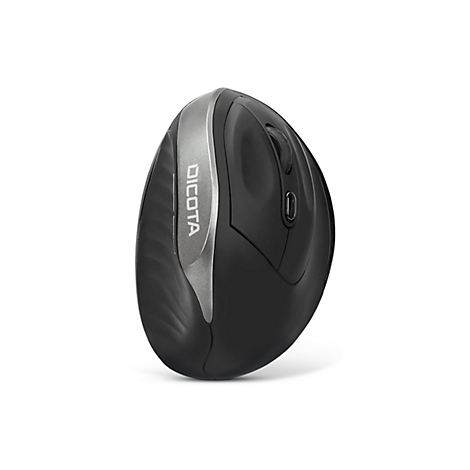 Souris ergonomique noire avec des accents argentés. Logo DICOTA visible. Molette de défilement et boutons latéraux présents.