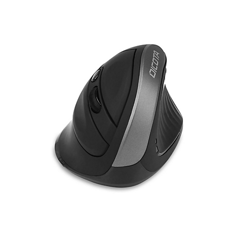 Souris ergonomique, noire et grise, marque DICOTA, pour une prise verticale. Molette et boutons visibles.