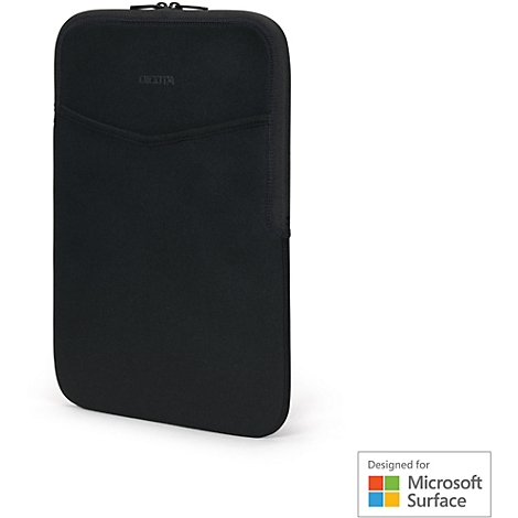 Housse d'ordinateur portable noire, logo DIKOTA. Inscription: Designed for Microsoft Surface.