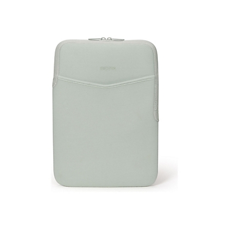 Housse d'ordinateur portable vert clair avec fermeture éclair, logo de la marque en relief et une poche avant supplémentaire.