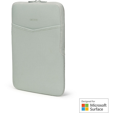 Housse d'ordinateur portable Dicota vert clair avec fermeture éclair et poche avant. Logo et étiquette Microsoft.